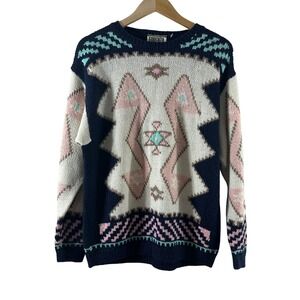Vintage Forenza Womens Geometric Southwestern Intarsia Wool Blend Sweater Navy M